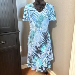 R&M Richards Blue Abstract Midi Dress V Neck Short Sleeve Flowy Size 10